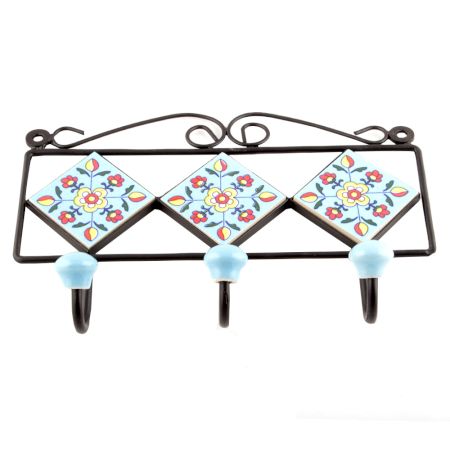 Turquoise Yellow Floral Tiles Hooks 